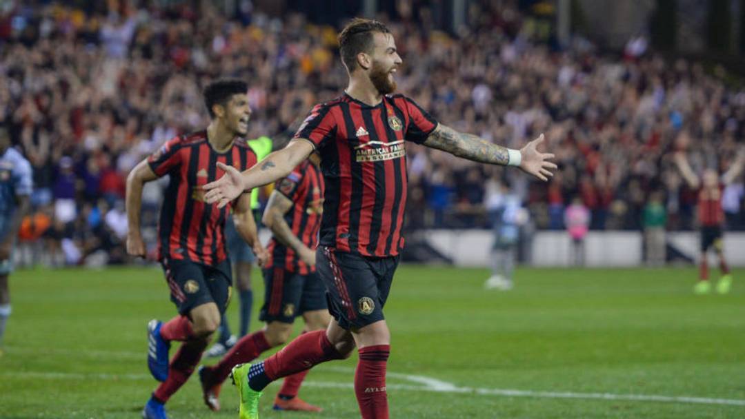 KENNESAW, GA FEBRUARY 28: Atlanta's Leandro González Pirez (5) celebrates after scoring a goal during the Champions League match between CS Herediano and Atlanta United FC on February 28th, 2019 at Fifth Third Bank Stadium in Kennesaw, GA. (Photo by Rich von Biberstein/Icon Sportswire via Getty Images)